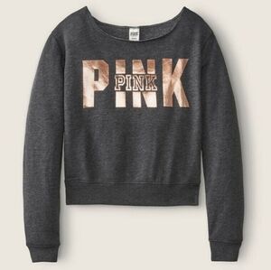 PINK VS Cropped Off the Shoulder Sweatshirt Dark Gray & Rose Gold Foil Logo